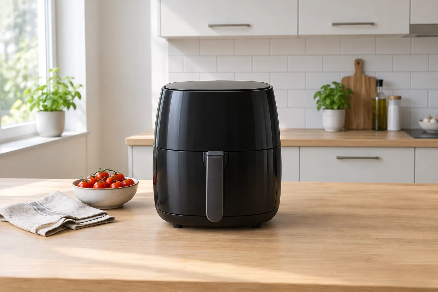 Eine schwarze Heißluftfritteuse steht auf einer hellen Küchenarbeitsplatte neben einer Schale mit Tomaten.