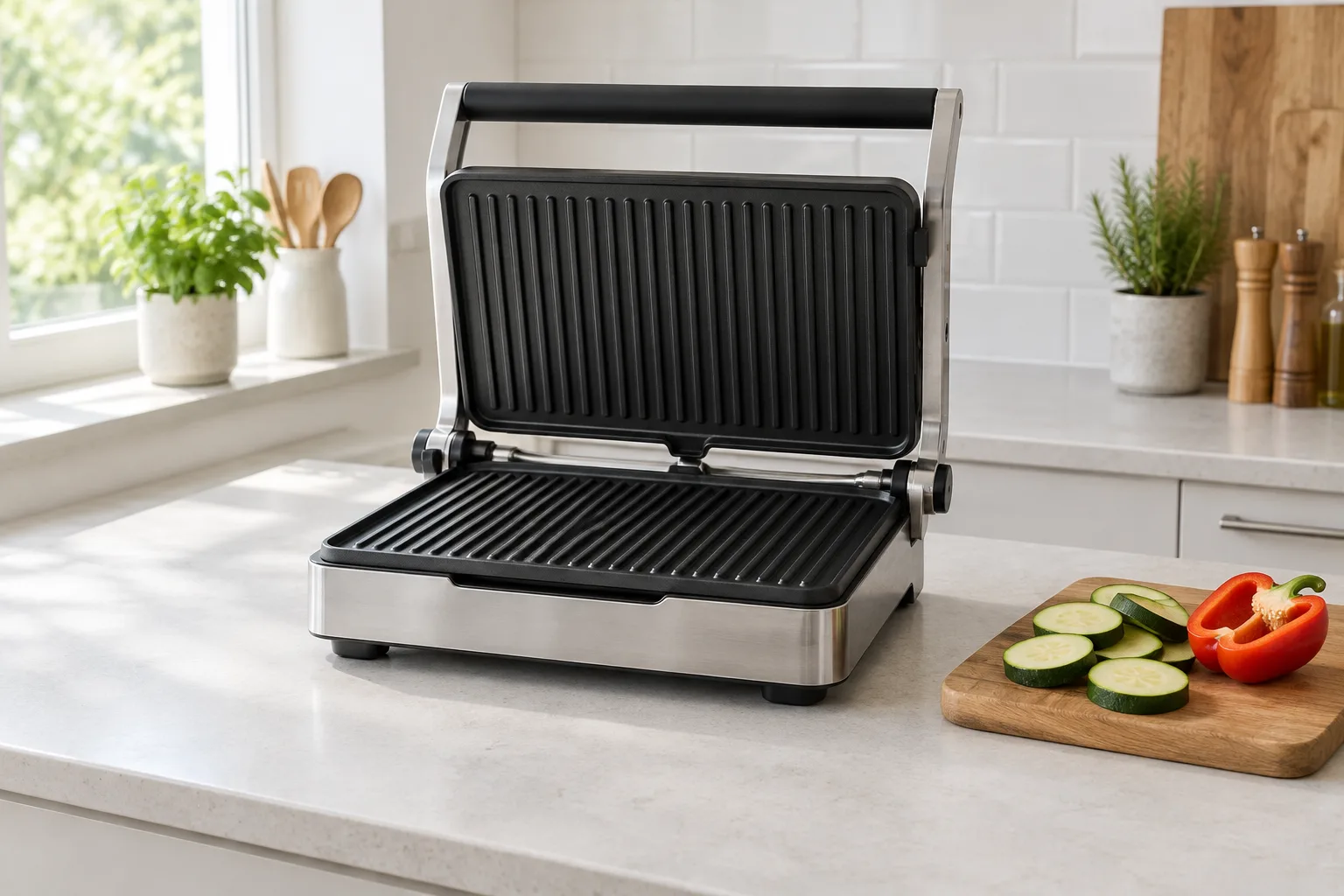 Ein geöffneter Kontaktgrill mit zwei Grillplatten steht auf einer hellen Küchenarbeitsplatte, daneben ein Brett mit Gemüse.