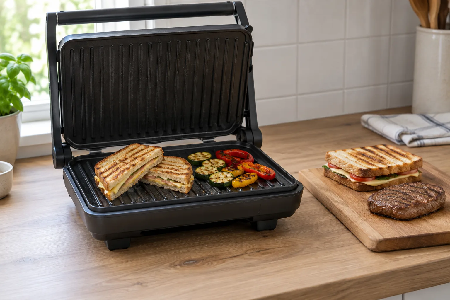Kontaktgrill mit geöffnetem Deckel auf einer Küchenarbeitsplatte, daneben ein Toast-Sandwich, gegrilltes Gemüse und ein kleines Steak.