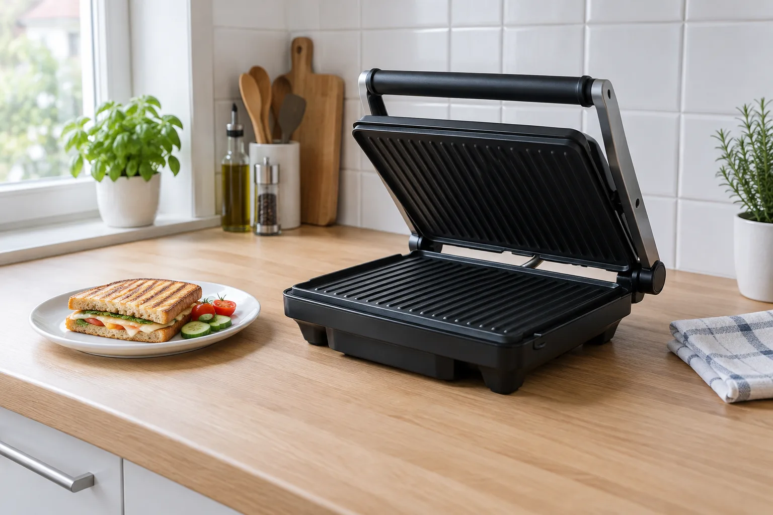 Ein geöffneter Kontaktgrill auf einer hellen Küchenarbeitsplatte, daneben ein Teller mit geröstetem Sandwich.