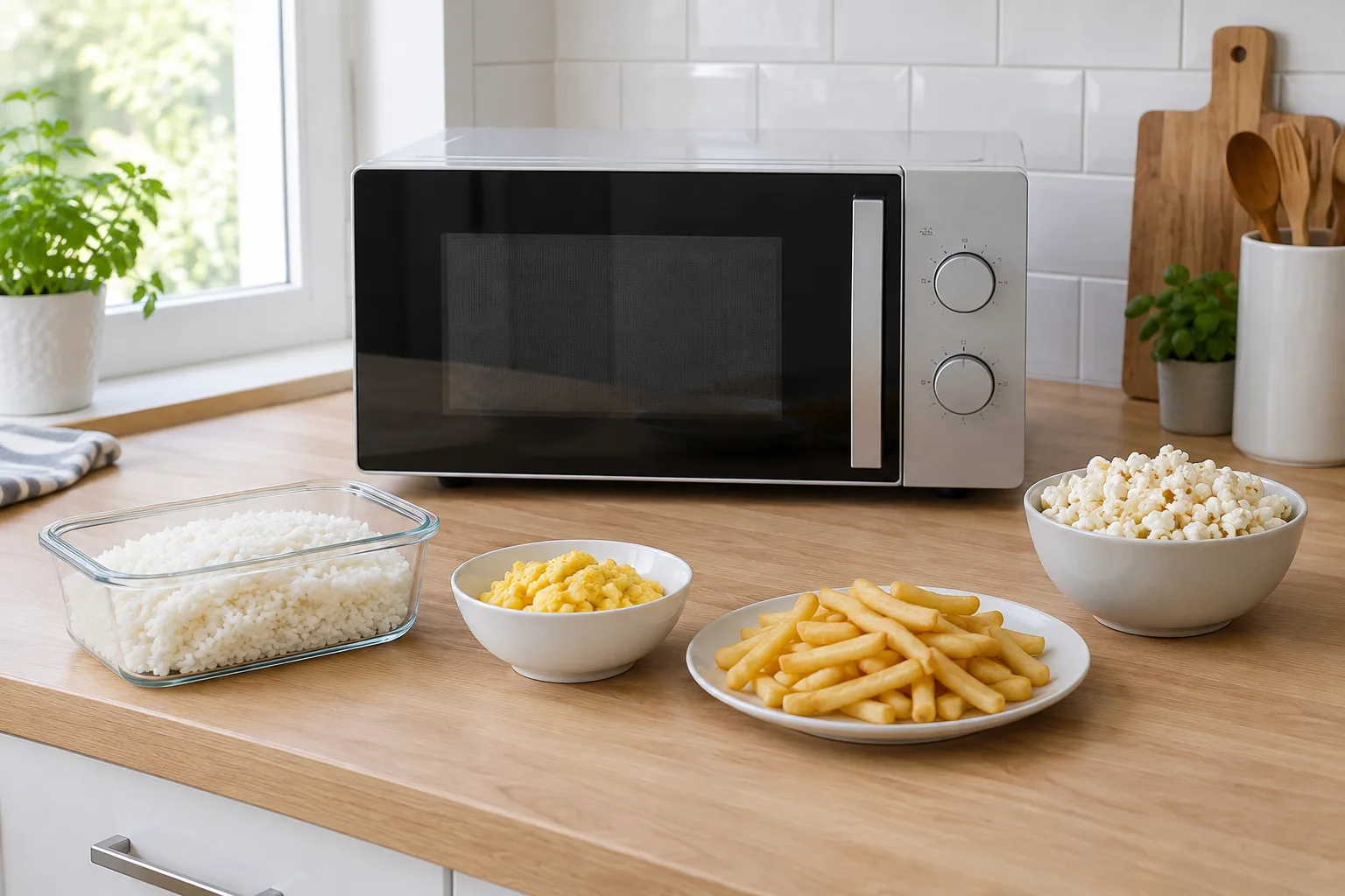 In einer hellen Küche stehen eine Mikrowelle, eine Glasform mit Reis, ein Teller Pommes, Rührei und Popcorn.