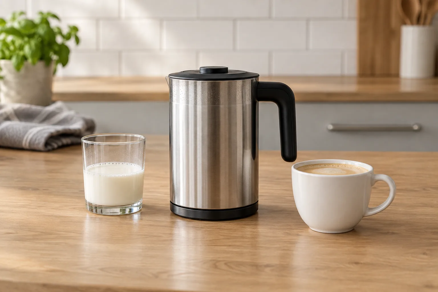 Edelstahl-Milchaufschäumer auf einer Holzarbeitsplatte in einer hellen Küche, daneben ein Glas Milch und eine Kaffeetasse.