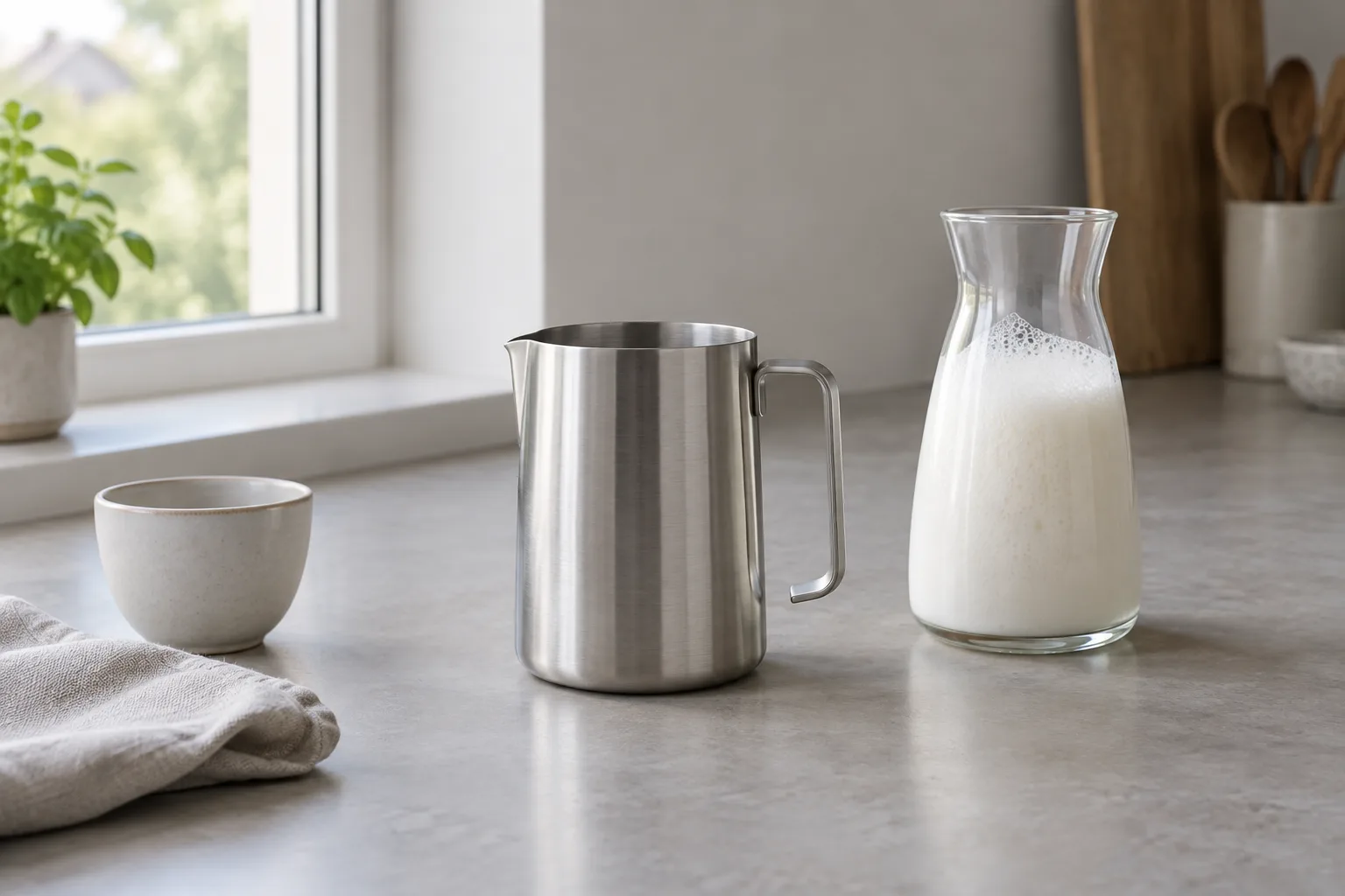 Unbeschichteter Milchaufschäumer aus Edelstahl und ein Glas mit Milchschaum auf einer hellen Küchenarbeitsplatte.