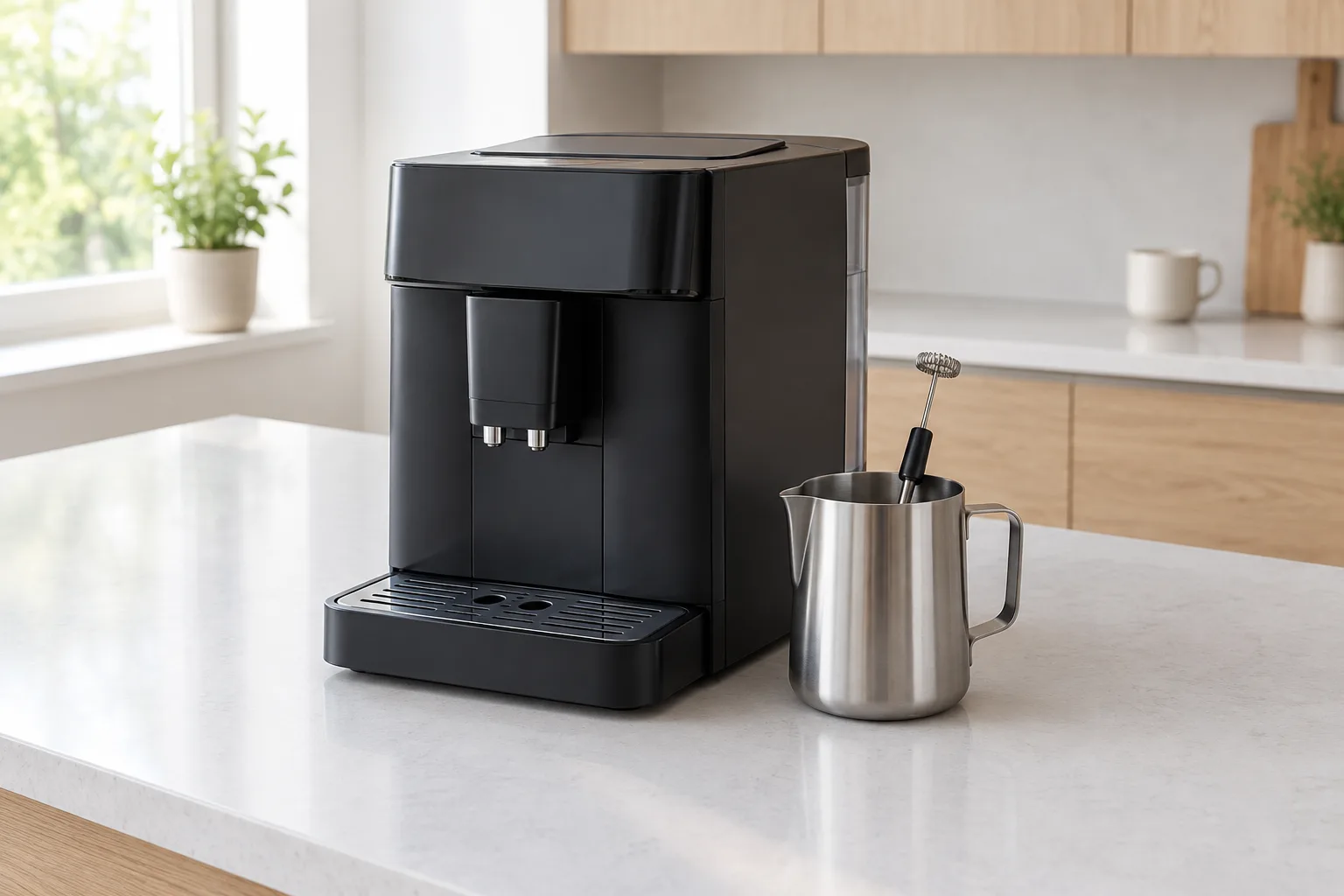 In einer hellen Küche stehen eine Kaffeemaschine und ein Milchkännchen aus Edelstahl auf der Arbeitsplatte.