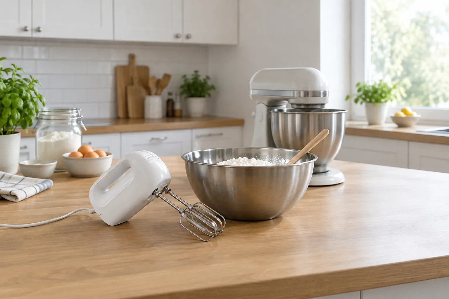 Auf einer hellen Küchenarbeitsplatte stehen ein Handmixer, eine Küchenmaschine und eine Rührschüssel mit Mehl.