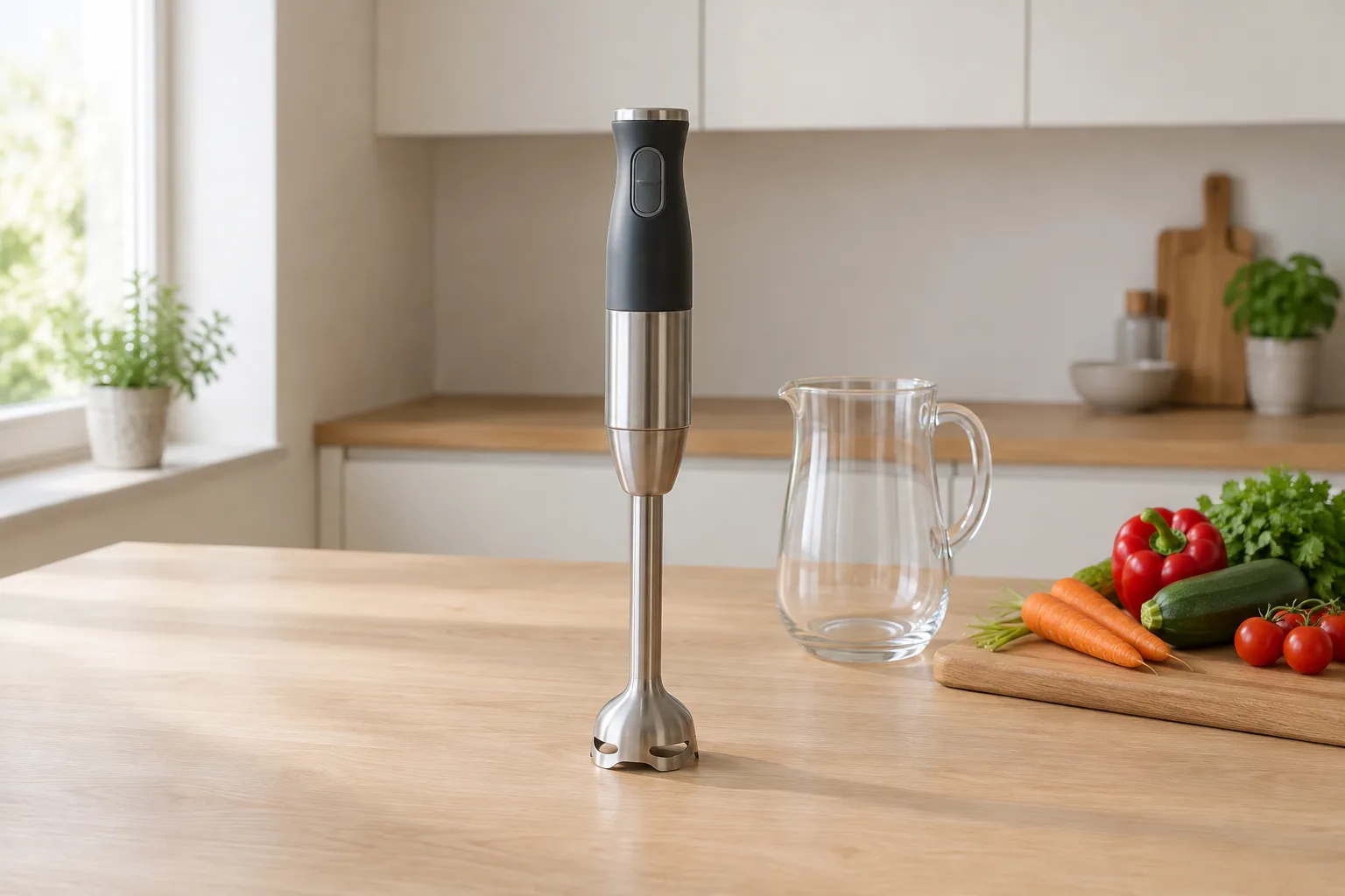 Ein Stabmixer mit Edelstahlstab steht auf einer hellen Küchenarbeitsplatte neben einem Glas und einem Schneidebrett.