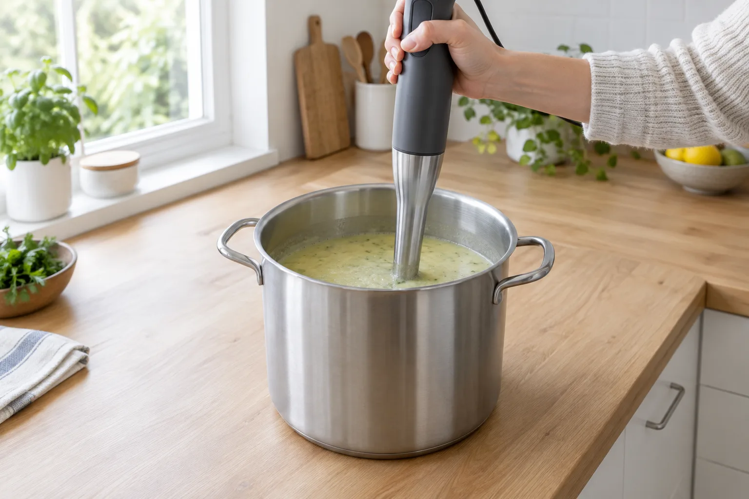 Ein Stabmixer wird in einem hohen Kochtopf auf einer Küchenarbeitsplatte in Suppe eingetaucht.