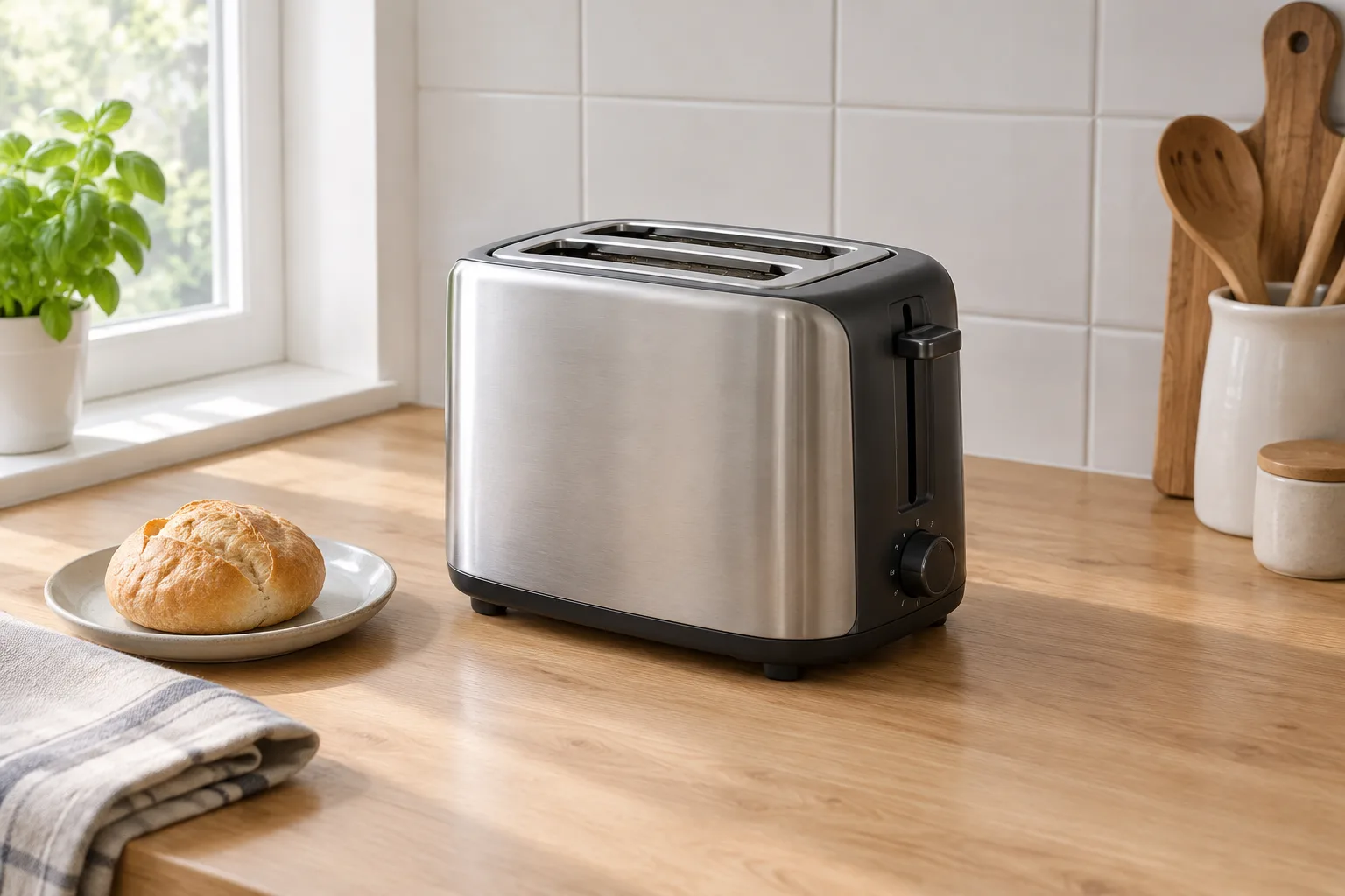 Ein Toaster aus Edelstahl steht auf einer hellen Küchenarbeitsplatte in einer aufgeräumten Küche am Morgen.