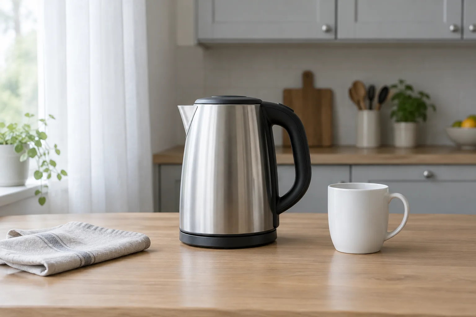 Ein Wasserkocher aus Edelstahl steht auf der Küchenarbeitsplatte neben einer Tasse, Tageslicht fällt durchs Fenster.